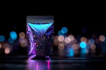 Poster - Glowing glass with sparkling purple liquid against blurred city lights background creates magical atmosphere with neon reflections and bokeh effects.