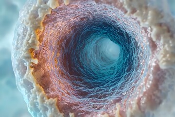 Poster - Microscopic view of cell membrane tunnel in orange and turquoise colors showing detailed structure of biological tissue with depth perspective.