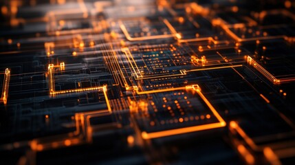 Poster - Close-up view of an intricate digital circuit board showcasing glowing orange pathways and interconnected components representing advanced technology network