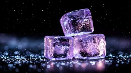 Poster - Glowing purple ice cubes with magical sparkles on dark reflective surface against black background. Frozen crystal blocks with ethereal light effects and bokeh.