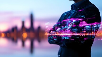 Poster - futuristic double exposure of businessman silhouette merged with glowing purple digital data streams