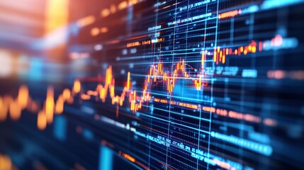 Poster - Abstract Close-up of Dynamic Financial Data Display on Digital Screen Featu Stock Market Graph in Orange and Red with Blue Data Streams
