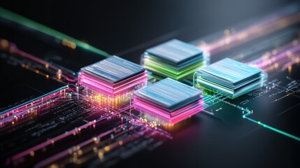 Aufkleber - Three Vibrant Layered Cubic Processors Glowing in Pink Green and Blue Light with Luminous Circuitry on Dark Technological Surface Illuminated Design