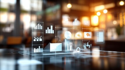 Poster - Holographic Data Visualizations Floating Above a Sleek Dark Surface with Various Graphs, Charts, and Icons in a Blurred Warmly Lit Background