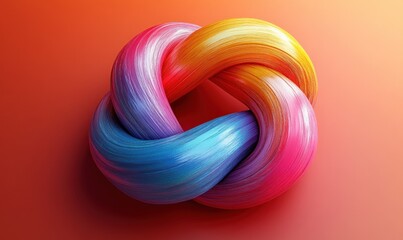 Poster - Colorful Twisted Torus Knot 3D Render with Gradient in Rainbow Hues on Coral Red Background