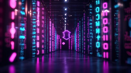 Poster - Neon-Lit Server Room Corridor with Glowing Data Streams in Pink and Blue Shades Featu a Central Geometric Symbol Illuminating the Pathway Ahead