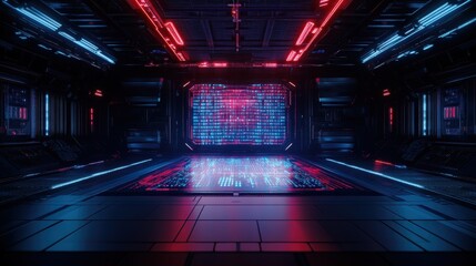 Poster - A Futuristic Corridor with Glowing Red and Blue Neon Accents Illuminating a Central Screen Showcasing a Matrix of Binary Code in Dark Metallic Surroundings