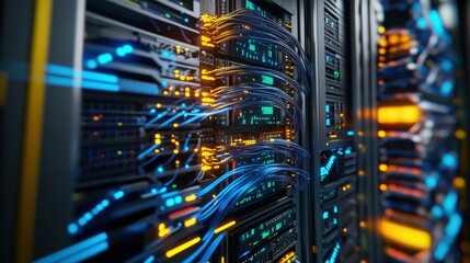 Poster - Close-up view of a server rack filled with interconnected servers featu glowing blue and orange cables forming a complex networking environment
