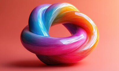 Poster - Colorful Twisted Torus Knot with Rainbow Gradient on Coral Red Background