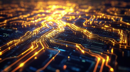 Poster - close-up view of an illuminated circuit board showing intricate glowing orange and blue lines indica