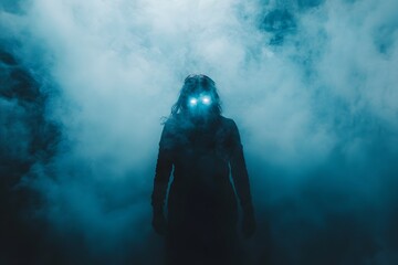 Poster - Mysterious Figure in Fog with Glowing Eyes, Dark Atmosphere