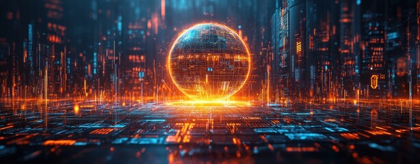 Poster - Futuristic Financial Technology Currency Exchange Digital Artwork with Holographic Globe and Stock Market Analysis