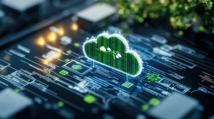 Aufkleber - Stylized green cloud of binary code representing sustainable eco-friendly computing floating above a complex digital circuit board with glowing interfaces