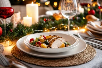 Wall Mural - sliced turkey breast with roasted vegetables, festive christmas dinner table setting
