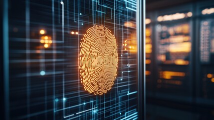 Poster - Glowing Orange Fingerprint Overlaying Digital Circuit Board Interface in Blurred Server Room Background Representing Cybersecurity and Technology Innovation