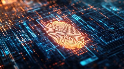 Poster - Glowing Orange Fingerprint Superimposed on Illuminated Circuit Board Representing Biometric Security, Digital Identity, and Advanced Technology Concepts