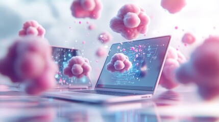 Aufkleber - Abstract digital illustration of pink cloud-like structures around laptops displaying technological data and futuristic design elements in vibrant colors