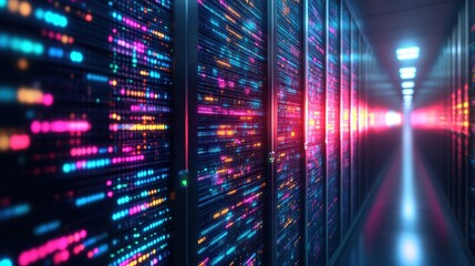 Poster - A Long Corridor of Brightly Lit Server Racks Showcasing Vibrant Streaks of Colorful Data Streams in a Dynamic Modern Data Center Environment