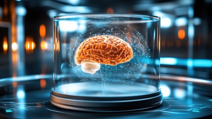 Poster - Innovative brain model display high-tech laboratory digital art futuristic environment close-up view neuroscience concept