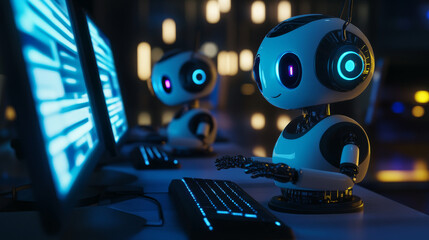 Poster - Cute robots, digital assistants on computer keyboard. Vector cartoon illustration of chat bots, funny electronic cyborgs with AI and computer screen with granted access