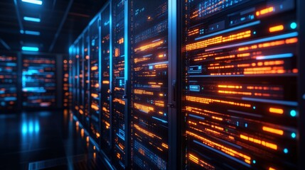Poster - Rows of Brightly Lit Server Racks in Modern Data Center Featu Glowing Orange and Blue Lights Reflected on a Polished Floor Surface