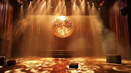 Poster - Empty concert stage illuminated with orange spotlights and sound show ready for the era. big disco equipment A shimmering ball background video 4k