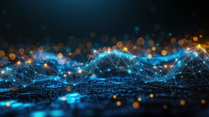 Aufkleber - Abstract digital landscape with interconnected nodes and glowing particles, forming undulating waves of light in blue and gold against dark background