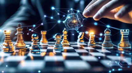 Poster - Hand Interacting with Digital Glowing Network Above Chessboard Illustrating Strategic Planning and Technology Integration in Competitive Environment