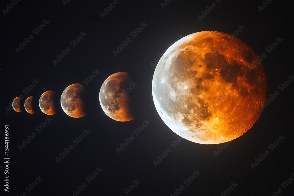 Partial lunar eclipse showing different phases of the moon changing ...