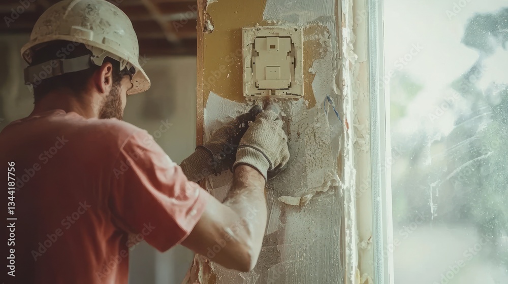 Construction worker removing old wall plaster around electrical outlet ...