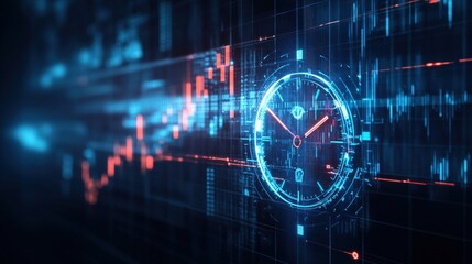 Poster - A Stylized Digital Clock Face with Glowing Red and Blue Accents on Dynamic Abstract Data Streams and Graphs Representing Rapid Technological Progression