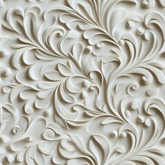 Poster - Intricate white damask design adorns a wall, showcasing embossed details in exceptional clarity and realism, highlighting craftsmanship SEAMLESS PATTERN