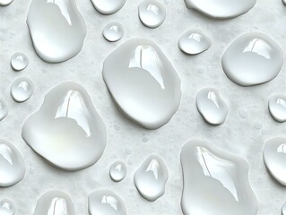 Poster - Pure water drops of various sizes on light gray surface creating natural abstract pattern with reflections and highlights for fresh clean backgrounds.