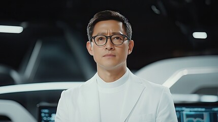 Poster - A young Asian man reviews financial charts and trading volume data on his computer in dark business attire during late night hours