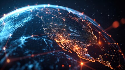 Aufkleber - A Digital Rende of Earth Centered on North America with Glowing City Lights and Network Lines Symbolizing Global Communication Connections Today