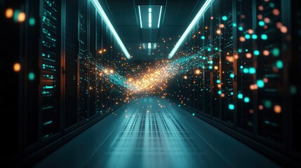Poster - A Long Dark Server Room with Rows of Servers Illuminated by Teal Lights and Flowing Glowing Particles in the Center Aisle Between the Racks