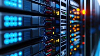 Poster - Close-up view of a server rack showcasing interconnected servers with illuminated lights and various network connections highlighting modern technology infrastructure