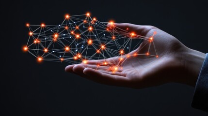 Aufkleber - A hand cradles a glowing network of interconnected nodes and lines, symbolizing digital, technological connections and futuristic communication themes.
