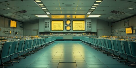 Poster - Control room with retro design featuring teal chairs and large monitors showcasing data in a high-tech environment