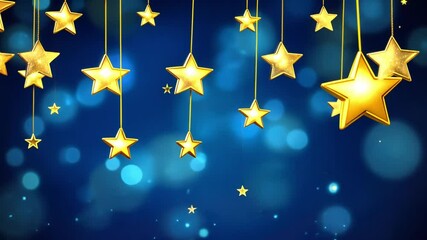 Poster - beautiful golden stars hanging against a dreamy blue bokeh background, perfect for festive or celebr