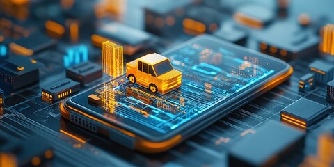 Poster - Virtual car model on smartphone screen showcases innovation in automotive technology and digital design