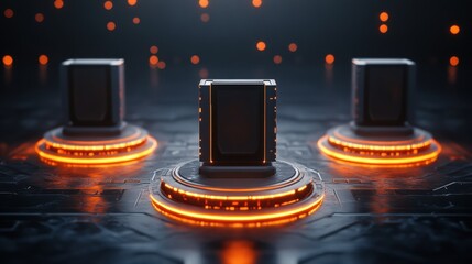 Poster - Three sleek dark cube-shaped devices on illuminated circular platforms set against a dark futuristic backdrop with glowing orange sparks scattered around