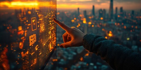 Poster - City skyline at sunset with a person interacting with a futuristic digital display