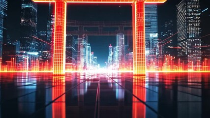 Poster - Futuristic Torii Gate in Neon Cityscape with Digital Lights and Reflections Representing Harmony of Tradition and Modern Technology