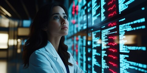 Poster - Data analyst examines complex algorithms in a high-tech research facility during evening hours