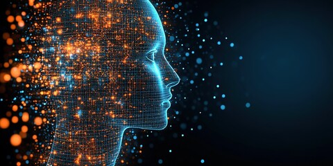 Poster - Digital representation of a human head formed by glowing particles against a dark background