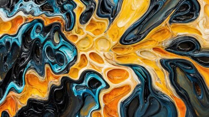 Poster - Abstract Fluid Art with Vibrant Colors of Orange, Black, and Blue Creating a Dynamic and Captivating Visual Texture for Creative Projects