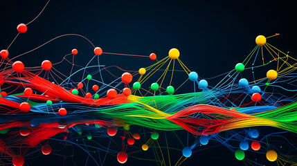 Futuristic Abstract Network Colorful Interconnected Nodes and Lines on Dark Background