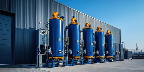 Poster - Industrial facility showcasing large blue storage tanks under clear sky during daytime