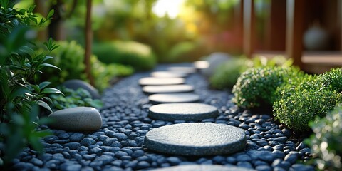 Poster - Beautiful garden pathway lined with round stones and lush greenery during sunset creating a serene atmosphere